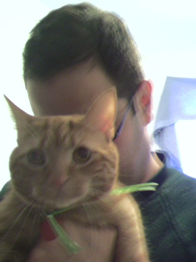 Clément le chat est tenu sous les pattes avant par mon conjoint, dont le visage est caché derrière le chat.  Clément porte un ruban à son cou.