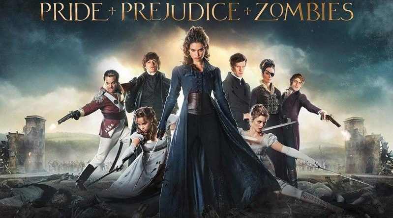 Affiche du film Pride and Prejudice and Zombies, Elisabeth au centre, encadré de deux de ses soeurs, de Darcy et de M. Collins, de Wickham, Lad Catherine et M. Benson, la plupart armé et prêt à tirer ou trancher.
