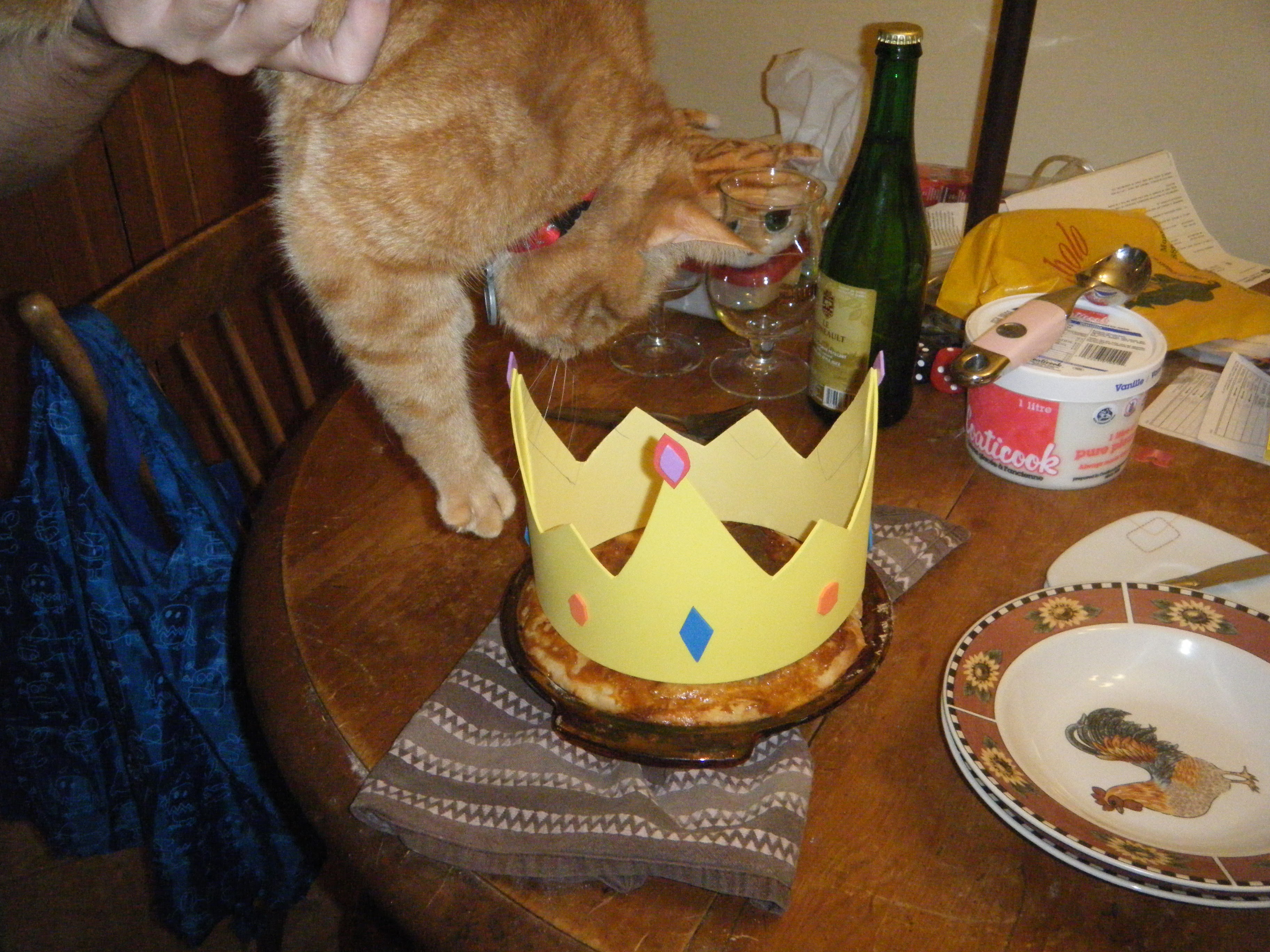 Clément le chat, tenu par un de ses humains, survole ou plonge vers la galette des rois à la frangipane trônant sur la table décorée d'une couronne de feutrine fait maison