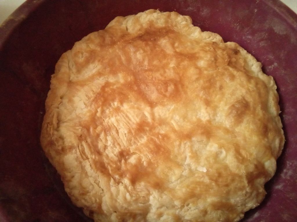 Une galette des rois très simple et bien dorée, vue de haut.