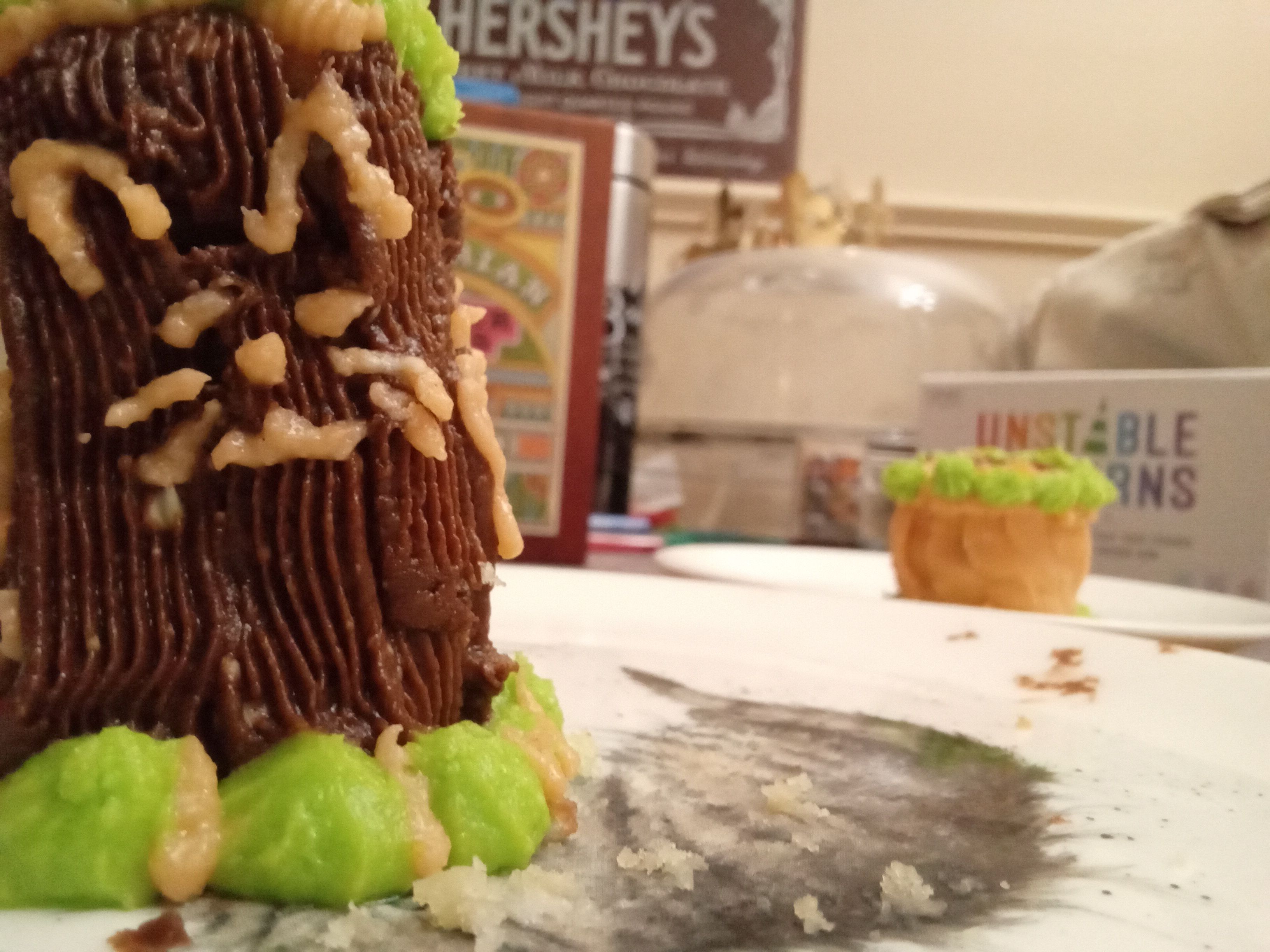 Close up d'un des minis gâteaux enrobés de crémage au beurre et chocolat et tracé en orange pâle le logo de la Miaougraphie sur l'une des quatre faces, en arrière-plan, flouté le deuxième petit gâteau aux couleurs du blog vert et orange pâle.